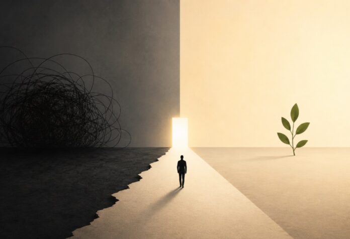 Sociedad y delincuencia organizada Ilustración minimalista y simbólica dividida entre una zona oscura y caótica y otra luminosa y tranquila. Una persona camina hacia una puerta iluminada, mientras a un lado aparece una planta que representa crecimiento y esperanza.