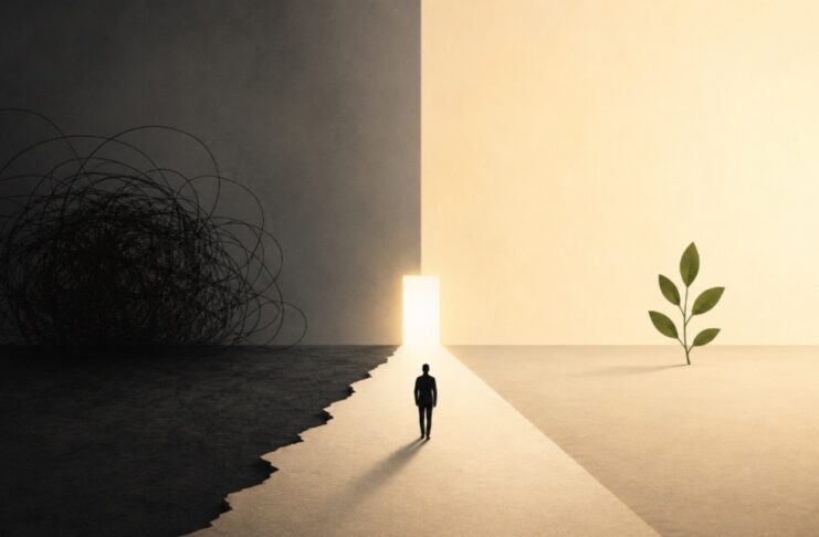 ¿Puede una sociedad convivir con el crimen organizado? Ilustración minimalista y simbólica dividida entre una zona oscura y caótica y otra luminosa y tranquila. Una persona camina hacia una puerta iluminada, mientras a un lado aparece una planta que representa crecimiento y esperanza.