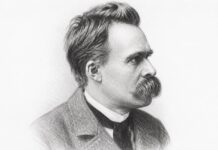 La muerte de Dios y el nacimiento del sentido: el abismo en Nietzsche Retrato a lápiz de perfil de Friedrich Nietzsche sobre fondo blanco.