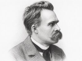 La muerte de Dios y el nacimiento del sentido: el abismo en Nietzsche Retrato a lápiz de perfil de Friedrich Nietzsche sobre fondo blanco.