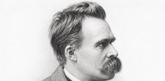 La muerte de Dios y el nacimiento del sentido: el abismo en Nietzsche Retrato a lápiz de perfil de Friedrich Nietzsche sobre fondo blanco.