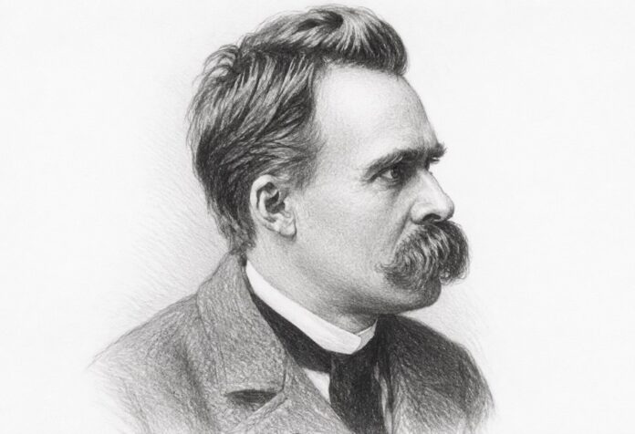 Retrato a lápiz de perfil de Friedrich Nietzsche sobre fondo blanco.
