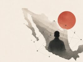 La sociología del crimen: otra manera de comprender el poder del crimen organizado en México Mapa conceptual de México con una figura humana y una red de conexiones que representa el estudio sociológico del crimen organizado.