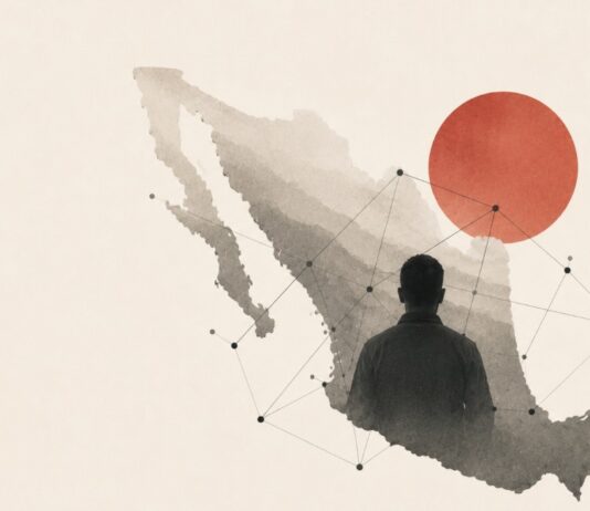 La sociología del crimen: otra manera de comprender el poder del crimen organizado en México Mapa conceptual de México con una figura humana y una red de conexiones que representa el estudio sociológico del crimen organizado.