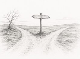¿Tenemos el deber moral de apoyar al migrante? Una pregunta difícil Ilustración minimalista a lápiz de un camino que se divide en dos direcciones frente a un poste sin señales, representando la decisión humana de permanecer o migrar.