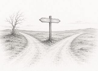 ¿Tenemos el deber moral de apoyar al migrante? Una pregunta difícil Ilustración minimalista a lápiz de un camino que se divide en dos direcciones frente a un poste sin señales, representando la decisión humana de permanecer o migrar.