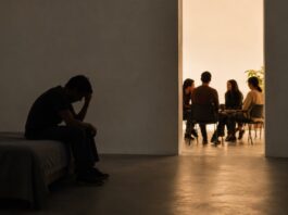 ¿Son los pobres más religiosos? Persona sentada en soledad y en penumbra mientras, al fondo, un pequeño grupo conversa reunido en un espacio iluminado, como representación de la necesidad, la búsqueda y el encuentro con una comunidad.