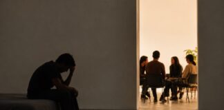 ¿Son los pobres más religiosos? Persona sentada en soledad y en penumbra mientras, al fondo, un pequeño grupo conversa reunido en un espacio iluminado, como representación de la necesidad, la búsqueda y el encuentro con una comunidad.