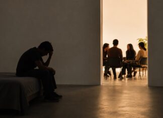 ¿Son los pobres más religiosos? Persona sentada en soledad y en penumbra mientras, al fondo, un pequeño grupo conversa reunido en un espacio iluminado, como representación de la necesidad, la búsqueda y el encuentro con una comunidad.