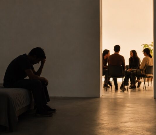 ¿Son los pobres más religiosos? Persona sentada en soledad y en penumbra mientras, al fondo, un pequeño grupo conversa reunido en un espacio iluminado, como representación de la necesidad, la búsqueda y el encuentro con una comunidad.