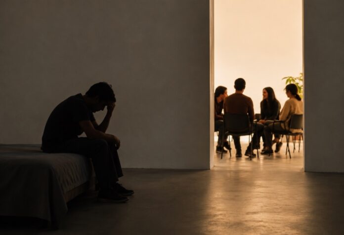Persona sentada en soledad y en penumbra mientras, al fondo, un pequeño grupo conversa reunido en un espacio iluminado, como representación de la necesidad, la búsqueda y el encuentro con una comunidad.
