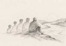Heráclito y nosotros: vivir en un mundo que nunca deja de cambiar Ilustración a lápiz de una persona representada en distintas etapas de su vida frente a un río que fluye hacia el horizonte.