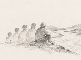 Heráclito y nosotros: vivir en un mundo que nunca deja de cambiar Ilustración a lápiz de una persona representada en distintas etapas de su vida frente a un río que fluye hacia el horizonte.