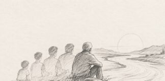 Heráclito y nosotros: vivir en un mundo que nunca deja de cambiar Ilustración a lápiz de una persona representada en distintas etapas de su vida frente a un río que fluye hacia el horizonte.