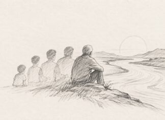 Heráclito y nosotros: vivir en un mundo que nunca deja de cambiar Ilustración a lápiz de una persona representada en distintas etapas de su vida frente a un río que fluye hacia el horizonte.