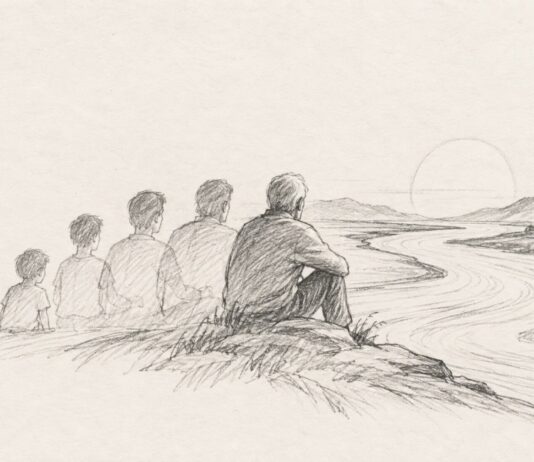 Heráclito y nosotros: vivir en un mundo que nunca deja de cambiar Ilustración a lápiz de una persona representada en distintas etapas de su vida frente a un río que fluye hacia el horizonte.