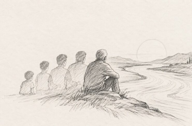 Heráclito y nosotros: vivir en un mundo que nunca deja de cambiar Ilustración a lápiz de una persona representada en distintas etapas de su vida frente a un río que fluye hacia el horizonte.